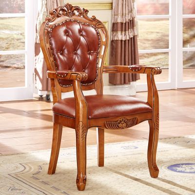 宫寓家具欧式餐椅实木雕花餐厅餐桌椅子休闲椅书房椅欧式真皮餐椅扶手