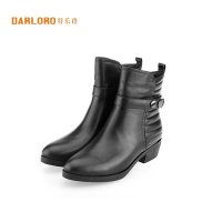 darloro/特乐路2015秋冬真牛皮粗跟低跟女短中筒靴4579305