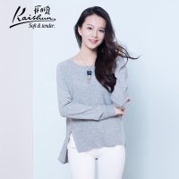 开顺2015秋季100%羊毛纯色下摆开衩羊毛女式套衫