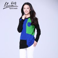 开顺2015冬季新款100%羊毛拼接女式中长款针织套衫