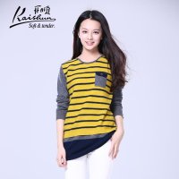 开顺2015秋季新款条纹口袋100%羊毛中长款女式套衫