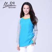 开顺2015秋季新款拼接纯色100%羊毛中长款女式开衩套衫