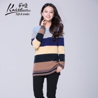 开顺2015冬季新款100%羊毛衫中长款女式横条纹针织套衫包邮k52wf071