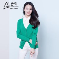 开顺2015秋冬新款纯色100%羊毛口袋女式短款针织开衫
