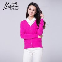 开顺2015秋冬新款纯色100%羊毛钩花女式V领针织开衫