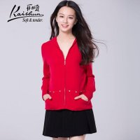开顺2015秋季新款欧美纯色拉链口袋100%羊毛女式短款开衫