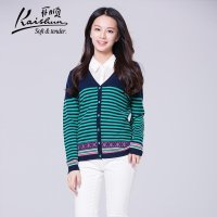 开顺2015秋装新款100%羊毛条纹V领女式短款开衫