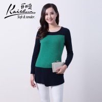 开顺2015冬季新款纯山羊绒衫拼色中长款圆领修身针织衫套衫