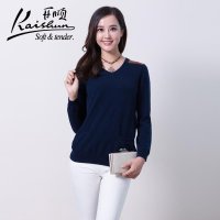 开顺2015冬装新款100%纯羊绒衫V领女士毛衣拼接羊绒针织衫套衫