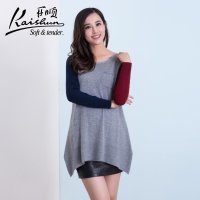 开顺2015冬季新款100%山羊绒拼接休闲女士中长款针织衫毛衣包邮