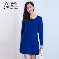 开顺2015冬季新款100%山羊绒纯色口袋圆领女式羊绒中长款套衫