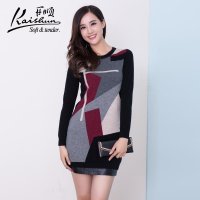 开顺2015冬季新款100%山羊绒衫印花圆领中长款女式针织毛衣外套