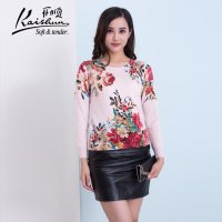 开顺2015冬季新款100%羊绒复古印花女式圆领短款针织衫毛衣套衫