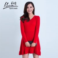 金开顺2015冬季新款100%羊绒纯色鸡心领女式长款裙装拼接羊绒套衫