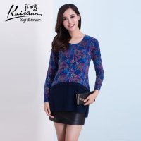 开顺2015冬季新款100%羊绒花色拼接中长款女式羊绒针织套衫