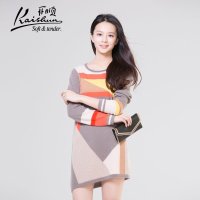 金开顺2015秋季新款100%羊绒拼色中长款女式针织衫毛衣圆领套衫