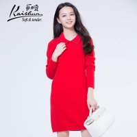 金开顺2015冬季新款100%纯山羊绒衫女士翻领红色中长款针织长裙