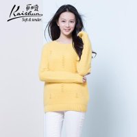 金开顺2015冬新款100%羊绒钩花女式圆领短款针织套衫休闲款毛衣