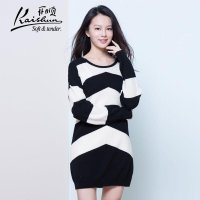 金开顺2015秋新款100%山羊绒衫黑白条纹女士圆领中长款羊绒连衣裙