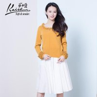 金开顺2015秋装新款100%山羊绒田园风纯色圆领女式针织衫短款套衫