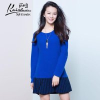 金开顺2015秋装新款时尚甜美100%山羊绒衫女式圆领中长羊绒连衣裙