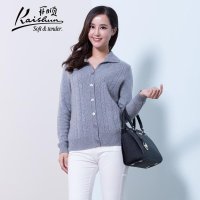 金开顺2015冬季新款100%羊绒纯色翻领女式短款羊绒针织开衫