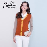 金开顺2015冬季新款拼接100%羊绒衫V领女式针织短款开衫毛衣外套