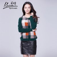 金开顺2015秋季新款100%山羊绒衫格子女圆领短款针织衫开衫包邮