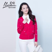 金开顺2015秋冬装 新款纯山羊绒衫卡通图案短款女 针织V领开衫