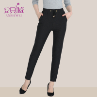 安贝威新款秋季抽绳系带休闲裤女黑色铅笔裤女小脚裤大码显瘦长裤