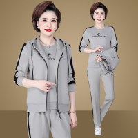 中老年运动套装女款春秋装2021新品时尚棉质连帽三件套运动服套装妈妈装健身跑步广场舞运动装套装
