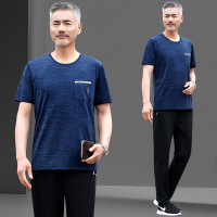中老年运动套装爸爸装夏季男士圆领短袖夏天休闲冰丝大码运动服跑步运动装男薄款T恤t