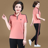 金蔚臻 休闲运动服套装女中年人妈妈跑步健身有领短袖t恤中老年女装夏装薄款两件套