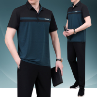 中年爸爸夏装冰丝套装短袖长裤宽松两件套中老年男士运动服套装男夏季父亲薄款衣服