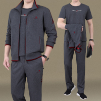 金蔚臻春秋季中老年运动套装男士爸爸装开衫棉宽松大码三件套外套秋季跑步运动服