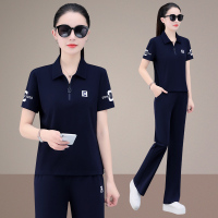 金蔚臻翻领短袖长裤运动套装女夏季2023新款宽松薄款Polo衫休闲服两件套