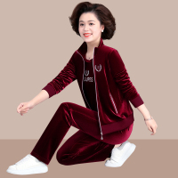 金蔚臻春秋装金丝绒套装女中老年女装运动装中年妈妈宽松大码洋气三件套