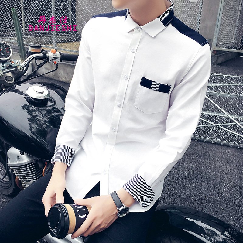 丹杰仕长袖衬衫男2016新款纯色棉质商务休闲正装纯白短袖衬衫打底衬衣小咖秀百搭潮2521