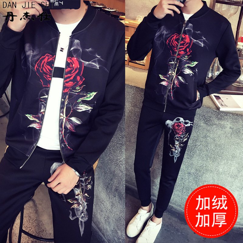 丹杰仕玫瑰卫衣印花加绒套装夹克男生休闲班服青年个性花色一套棒球服外套