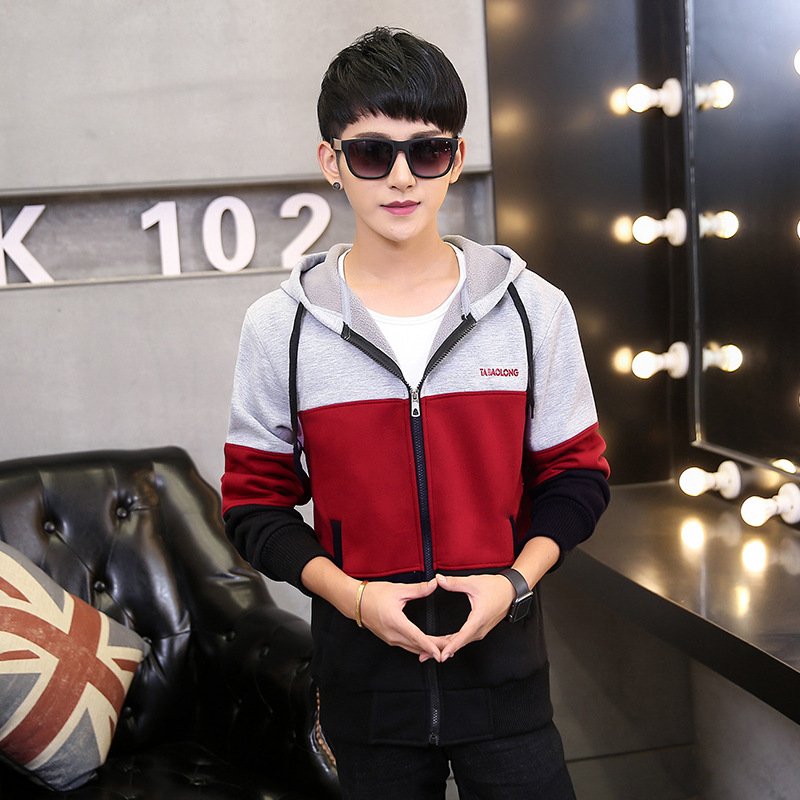 丹杰仕秋冬装加绒加厚棒球服韩版修身时尚拼接男生初中高中服班服休闲连帽保暖卫衣外套