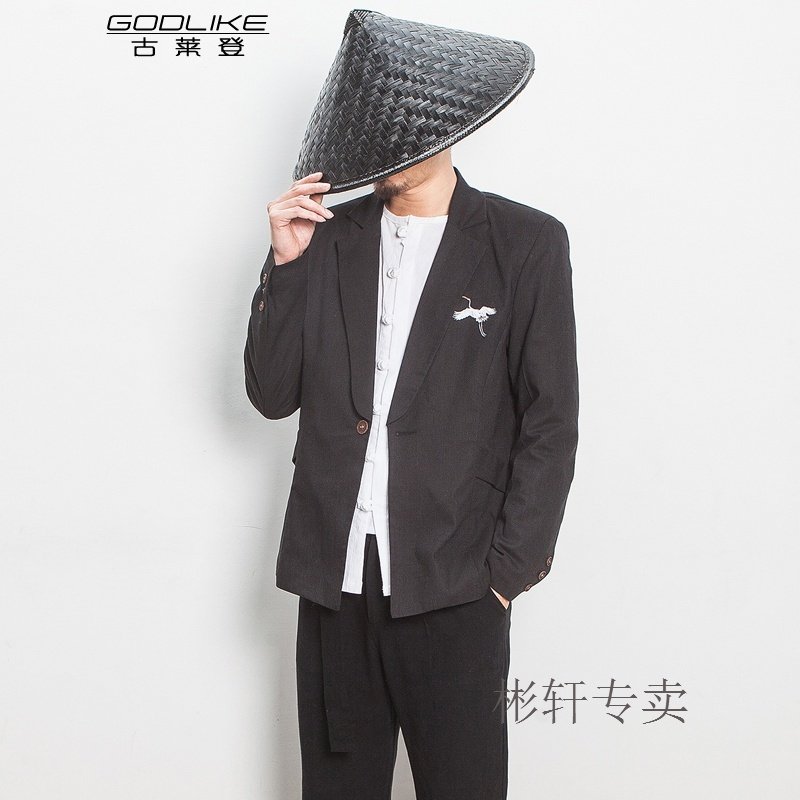 古莱登 2017春新款亚麻西装夹克男刺绣西服中国风韩版外套青少年夹克冬季潮流衣服帅气休闲男