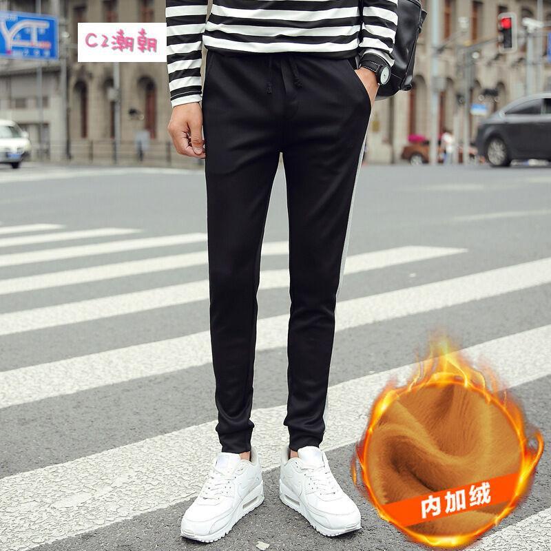 C2潮朝秋冬拼色男式加绒休闲裤运动裤男士休闲裤男秋季纯棉小脚宽松保暖长裤子冬季加绒加厚卫裤