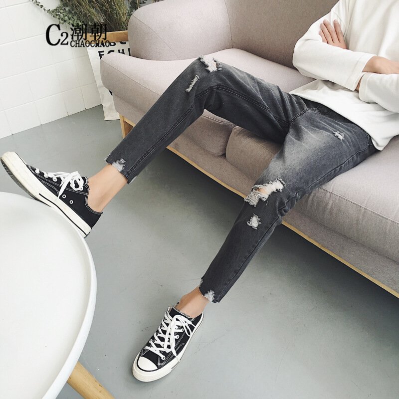 C2潮朝057-P35AA港风店主风原创日系原宿休闲小脚裤男九分韩版牛仔裤潮黑色