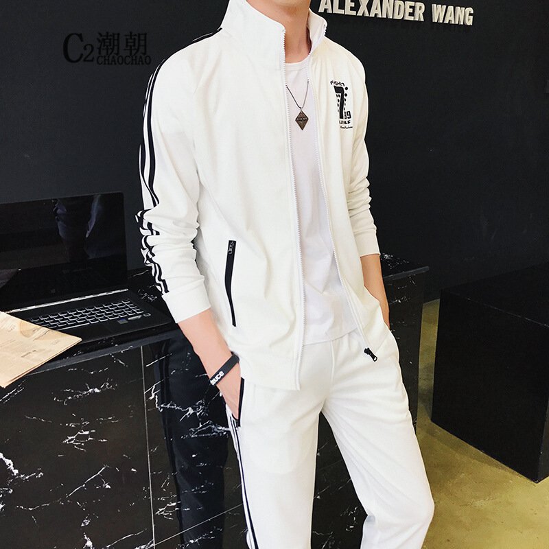 C2潮朝青少年秋装新品长袖卫衣运动套装潮流男士开衫立领休闲裤两件套男