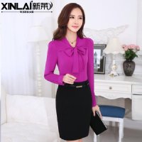 2015秋季新款时尚百搭大码长袖休闲女衬衫蝴蝶结OL款打底修身衬衣