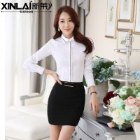 2015韩版新款修身职业装纯白衬衫长袖正装工装面试工作服衬衫女