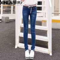 新莱春天新款学生韩版百搭显瘦松紧腰牛仔裤女式长裤子铅笔小脚裤