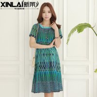 新莱2016韩版夏装新款女装修身短袖a字裙子夏季中长款甜美雪纺连衣裙秋