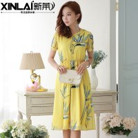 新莱2016夏季新品 短袖风琴褶印花连衣裙韩版中长款修身收腰裙子