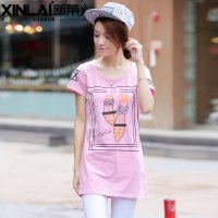 新莱2016韩版女装夏季新款奥代尔纯棉弹力中长款短袖t恤女潮流修身百搭印花女t恤